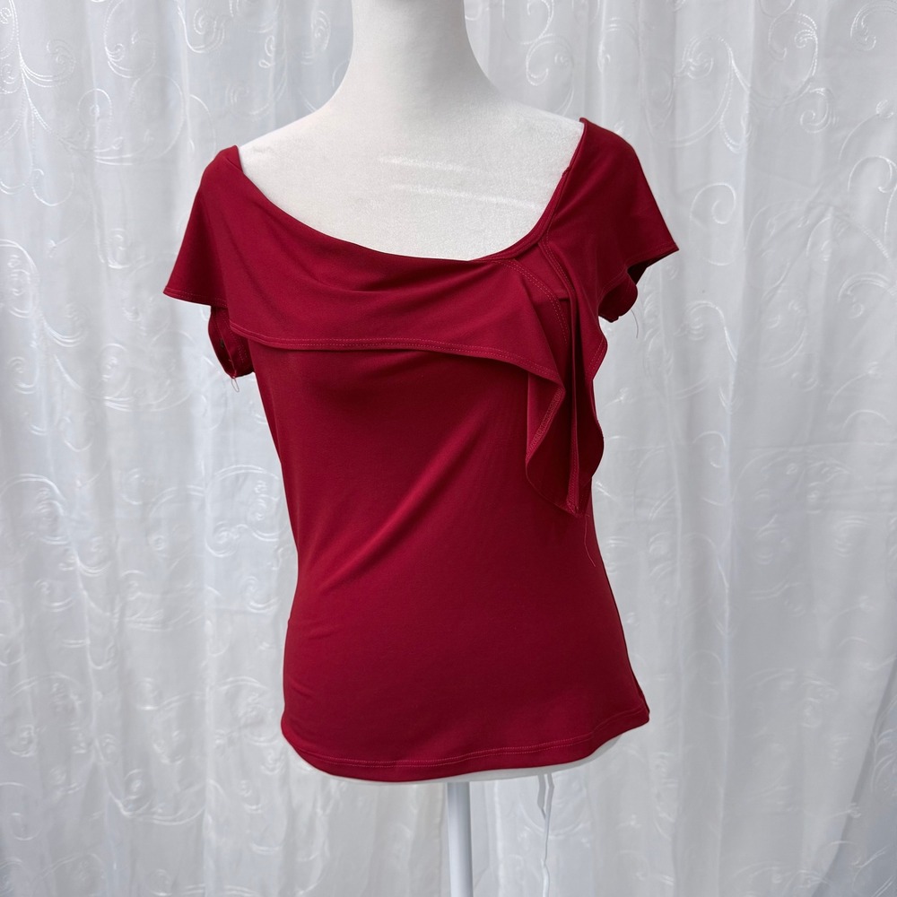 Wrapper Red Draped Cowl Neck Ruffle Top Y2K Short Sleeve Blouse 65SK2213 Large